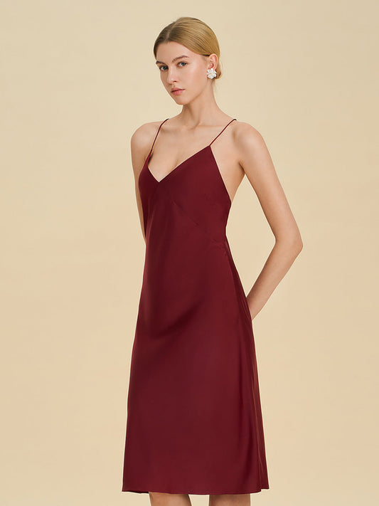 Burgundy Satin Midi Slip Dress with Crisscross Back