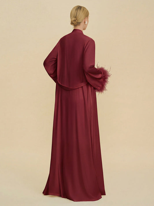 Burgundy Satin Maxi Robe with Feather Cuffs