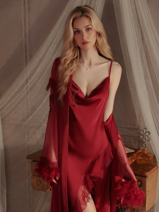 Red Feather Trim Luxury Satin Nightgown Set
