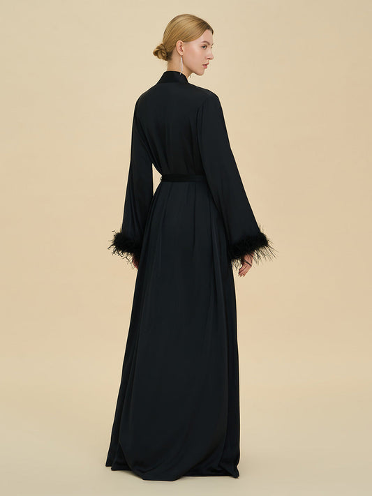 Black Satin Maxi Robe with Feather Cuffs