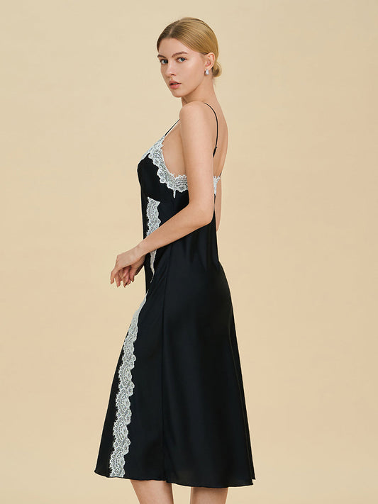 Black Satin Midi Slip Dress with Contrast Lace Trim