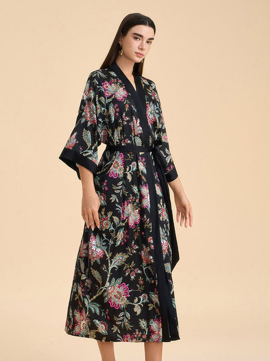 Midnight Floral Satin Kimono Robe