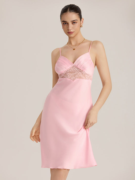 Pink Lace Waist Satin Midi Slip Dress