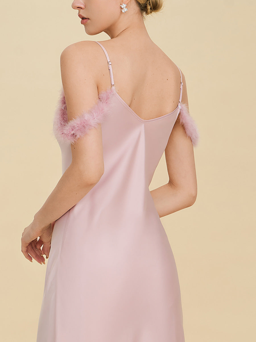 Blush Pink Satin Midi Slip Dress with Feather Trim