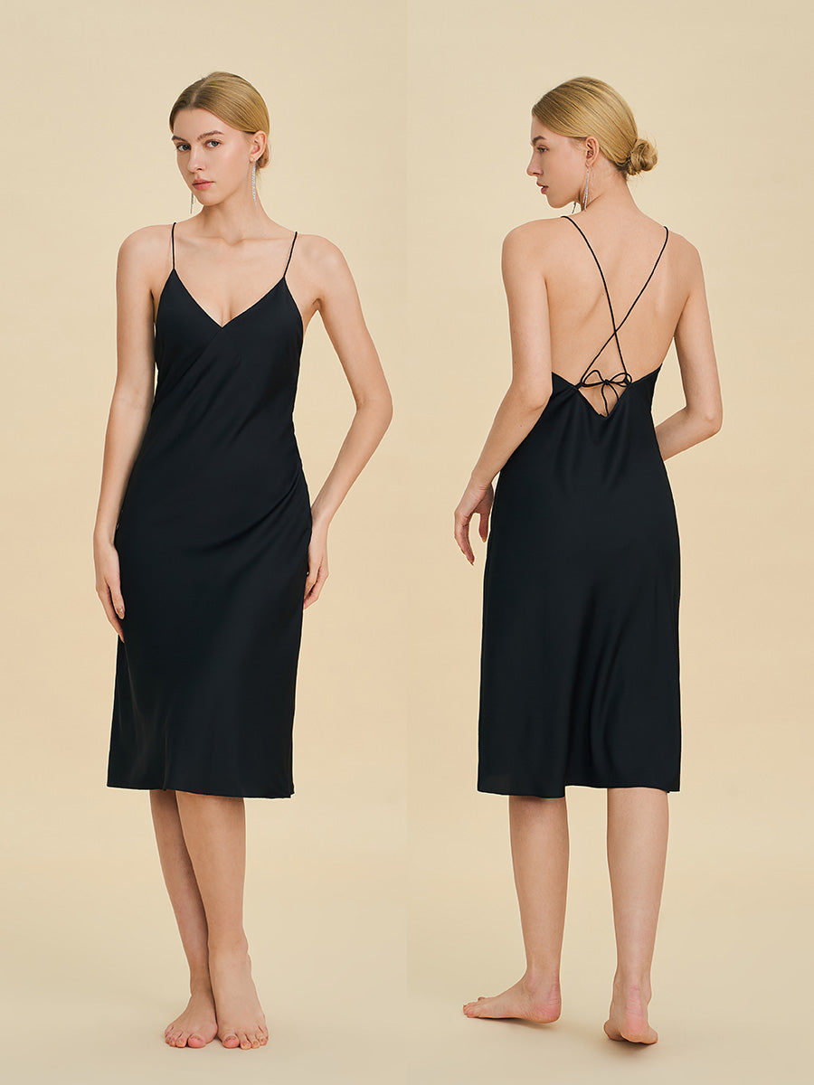 Black Satin Midi Slip Dress with Crisscross Back