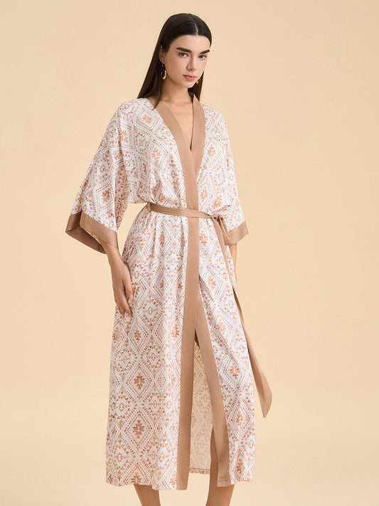 Geometric Jacquard Satin Kimono Robe