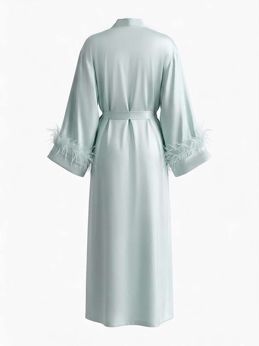 Light Blue Satin Maxi Robe with Feather Cuffs