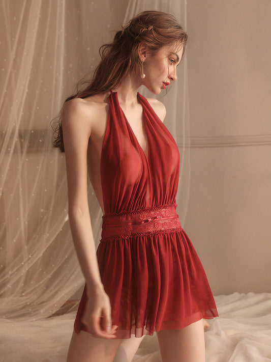 Red Deep V Backless Mesh Lingerie