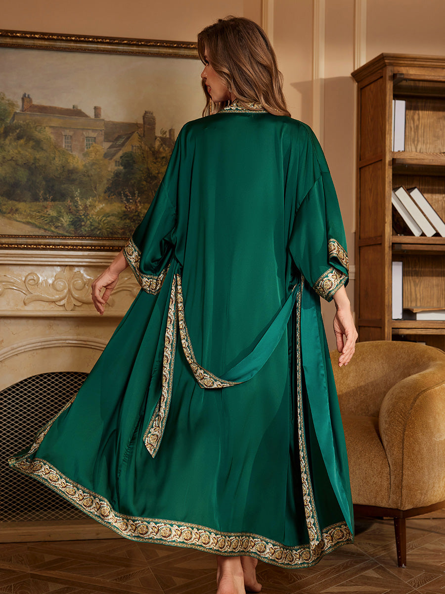 Emerald Trim Satin Chiffon Kimono Robe