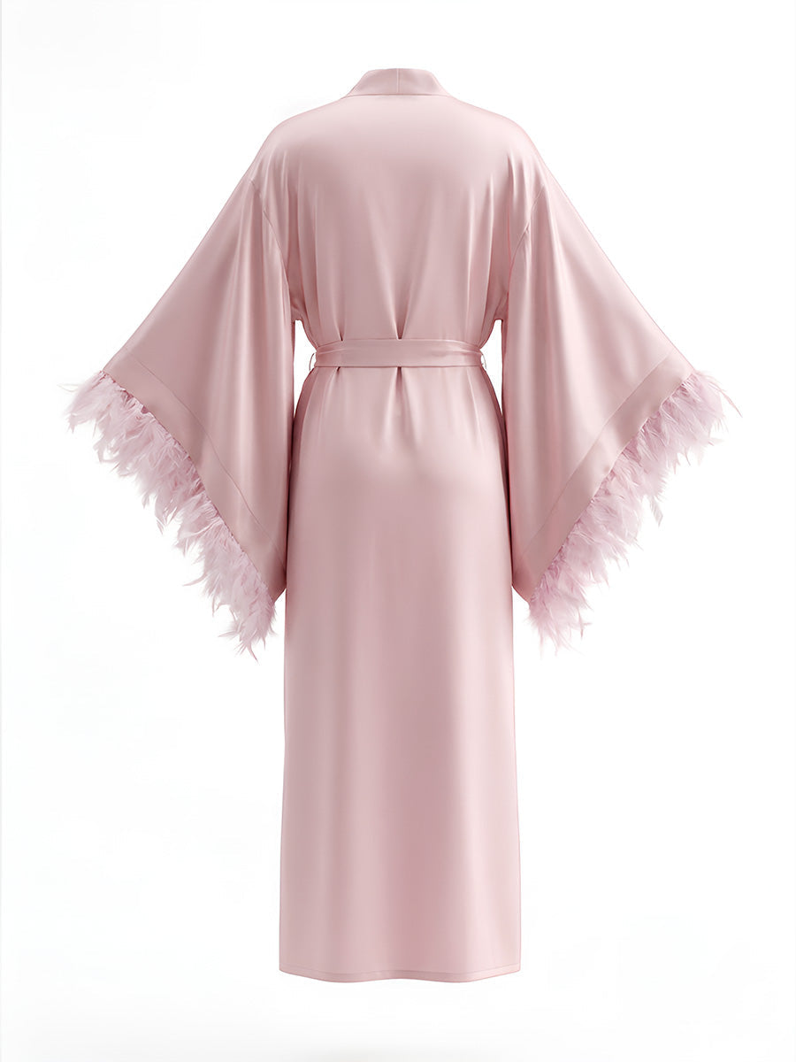 Blush Pink Satin Maxi Robe with Oversized Feather Cuffs