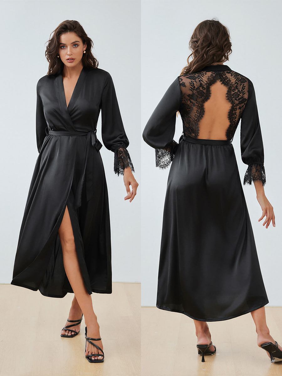 Black Satin Chiffon Maxi Robe