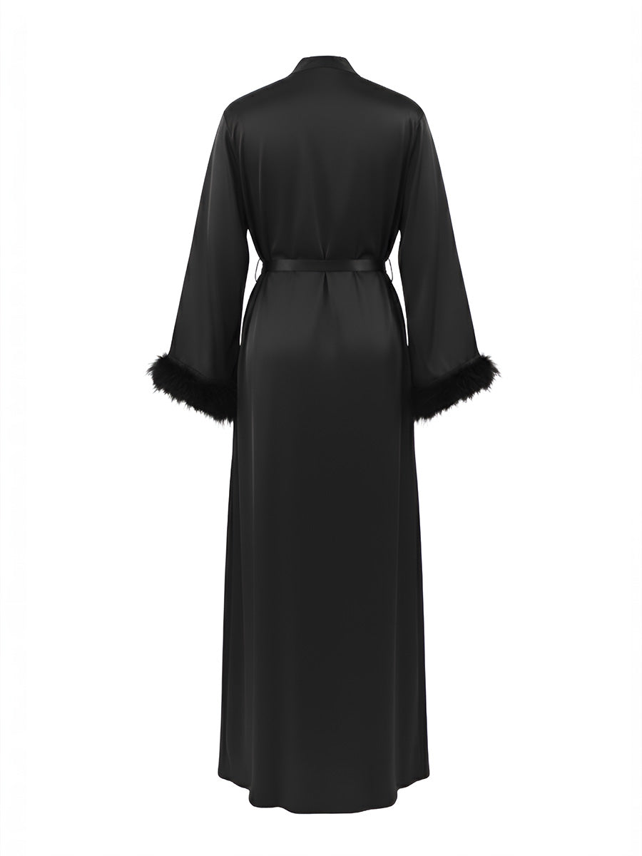 Black Satin Maxi Robe with Feather Cuffs