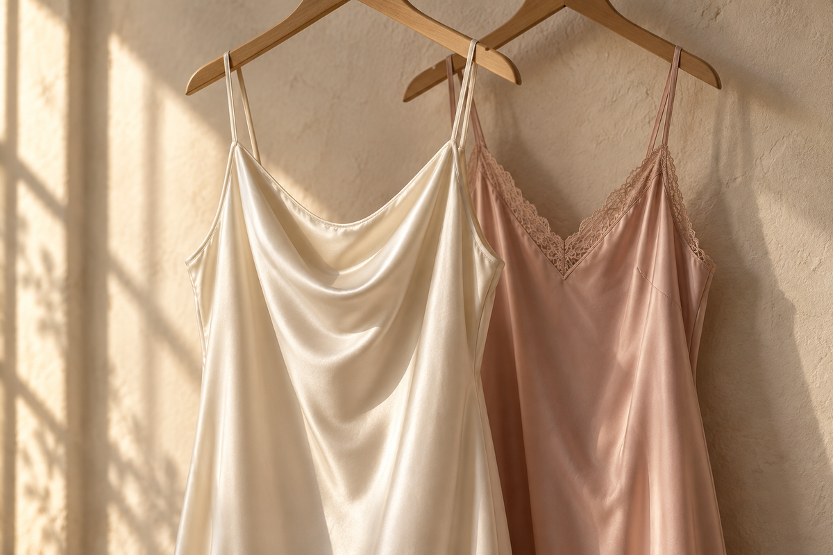 Editorial image of ivory cowl-neck and blush lace-trim silk nightgowns on hangers