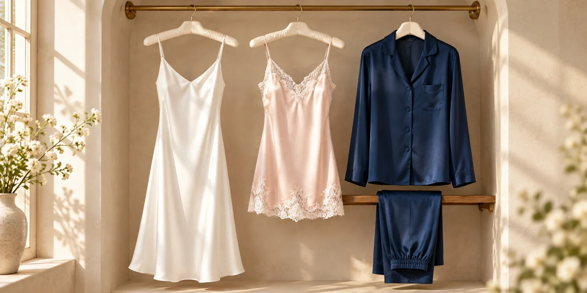 White and lace camisole nightgowns beside a navy silk pajama set on an ivory wardrobe rail
