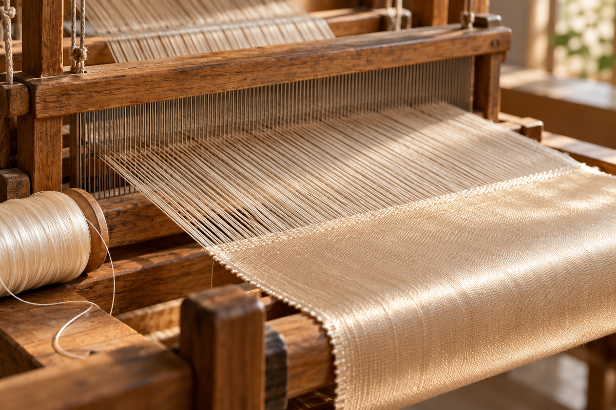 Fine threads and a lustrous woven fabric on a wooden loom