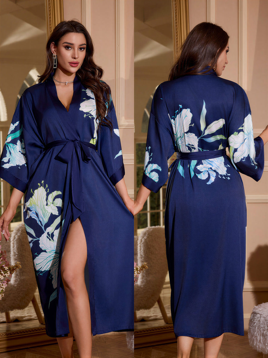 Navy Floral Satin Kimono Robe
