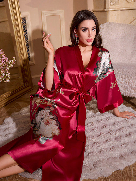 Burgundy Peony Silky Kimono Robe