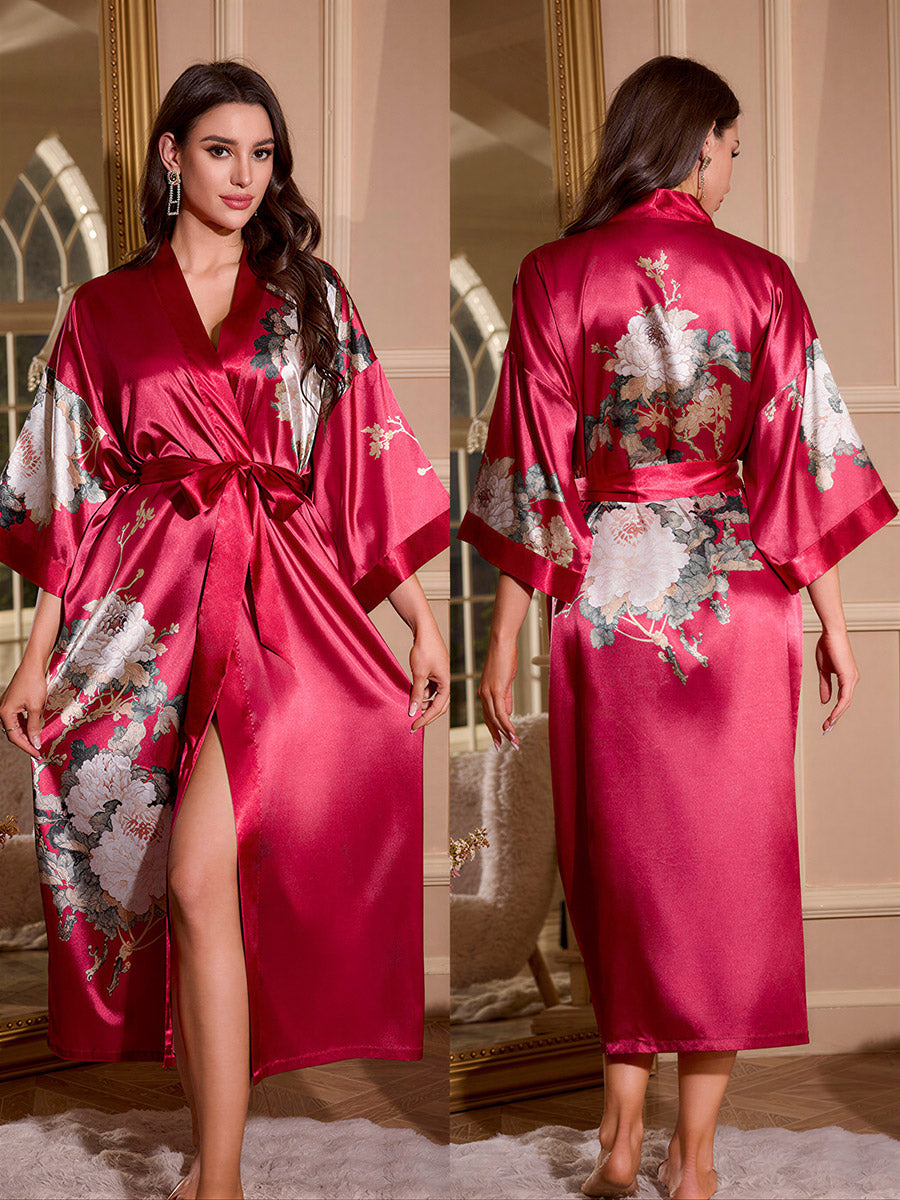 Burgundy Peony Silky Kimono Robe