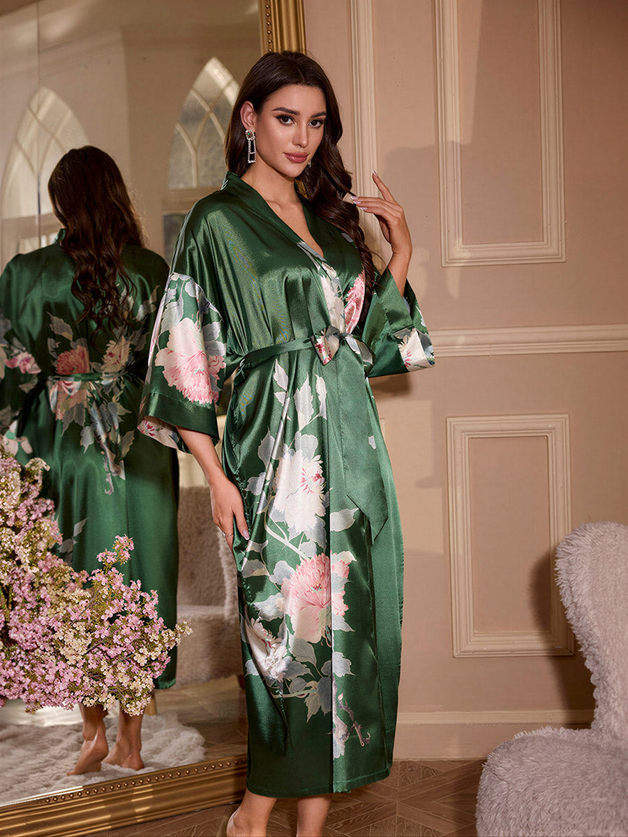 Emerald Peony Silky Kimono Robe