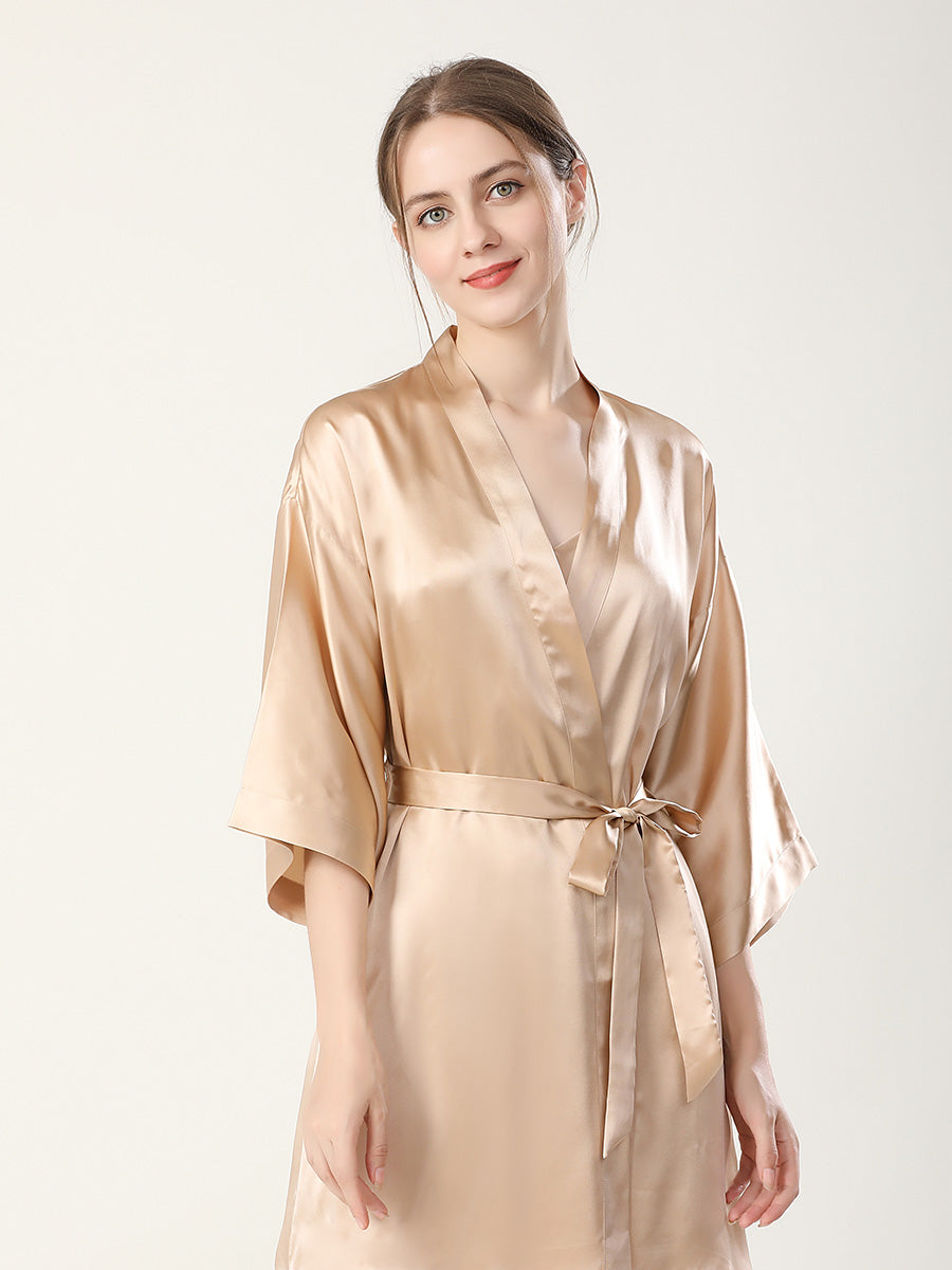 Mulberry Silk Robe and Double Strap Slip Dress Set