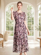 Short Sleeve Round Neck 100% Mulberry Silk Floral Dress