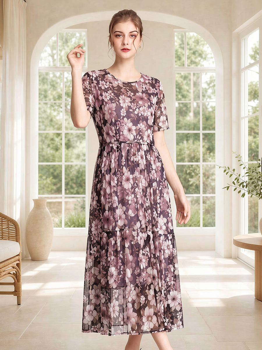 Short Sleeve Round Neck 100% Mulberry Silk Floral Dress