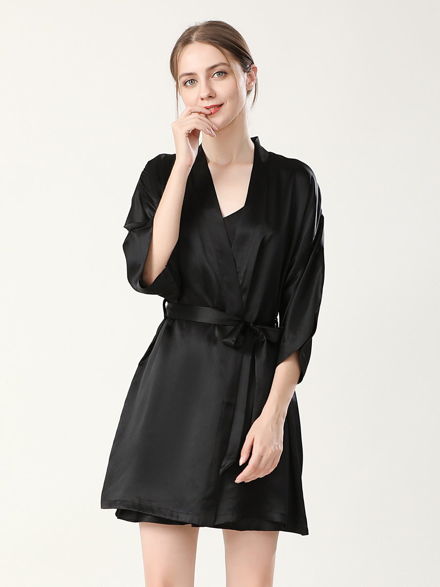Mulberry Silk Robe and Double Strap Slip Dress Set
