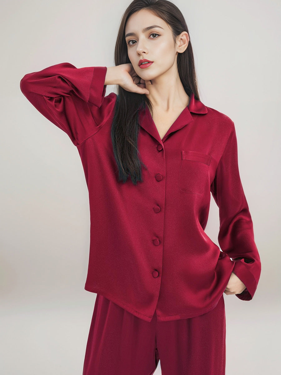 Classic Button Front Top & Long Pants Silk Sleepwear Set