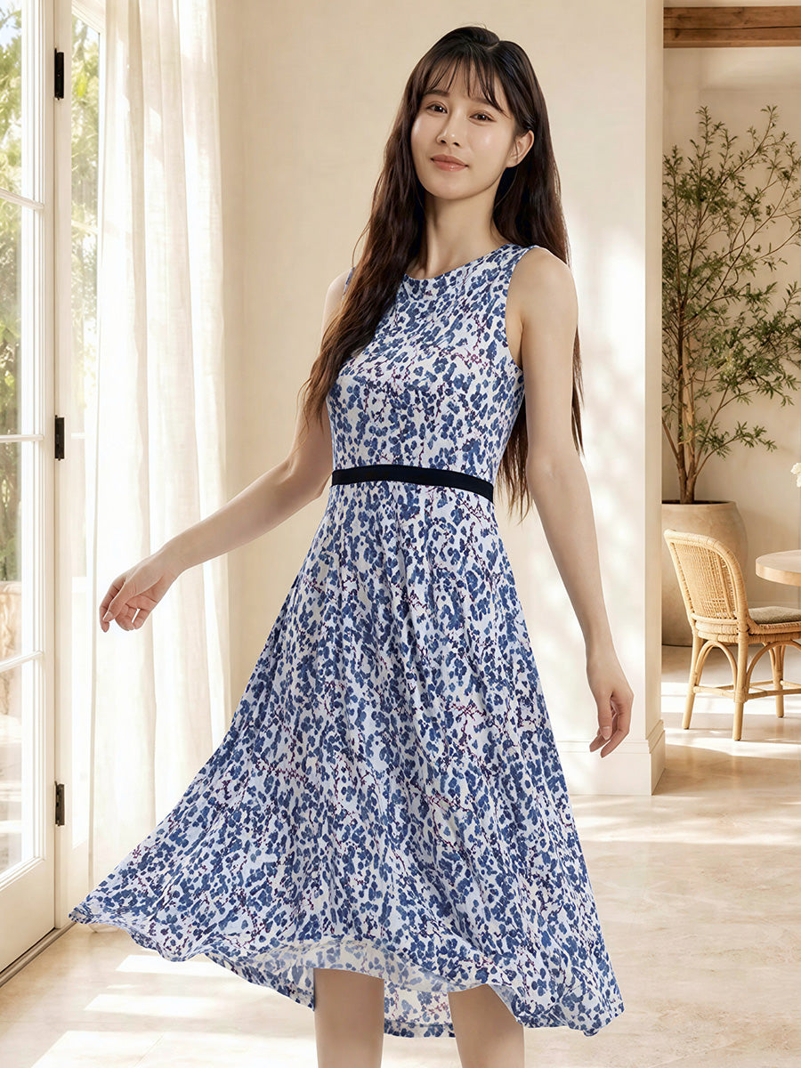 Midi Sleeveless Silk Blend Print Dress