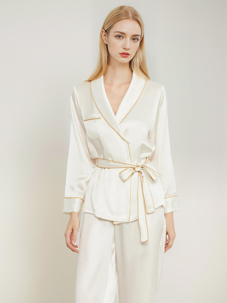 100% Mulberry Silk Wrap Belted Pajama Set Contrast Piping Trim