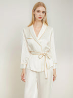 100% Mulberry Silk Wrap Belted Pajama Set Contrast Piping Trim