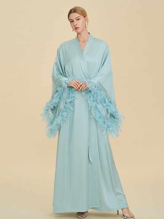 Light Blue Satin Maxi Robe with Oversized Feather Cuffs