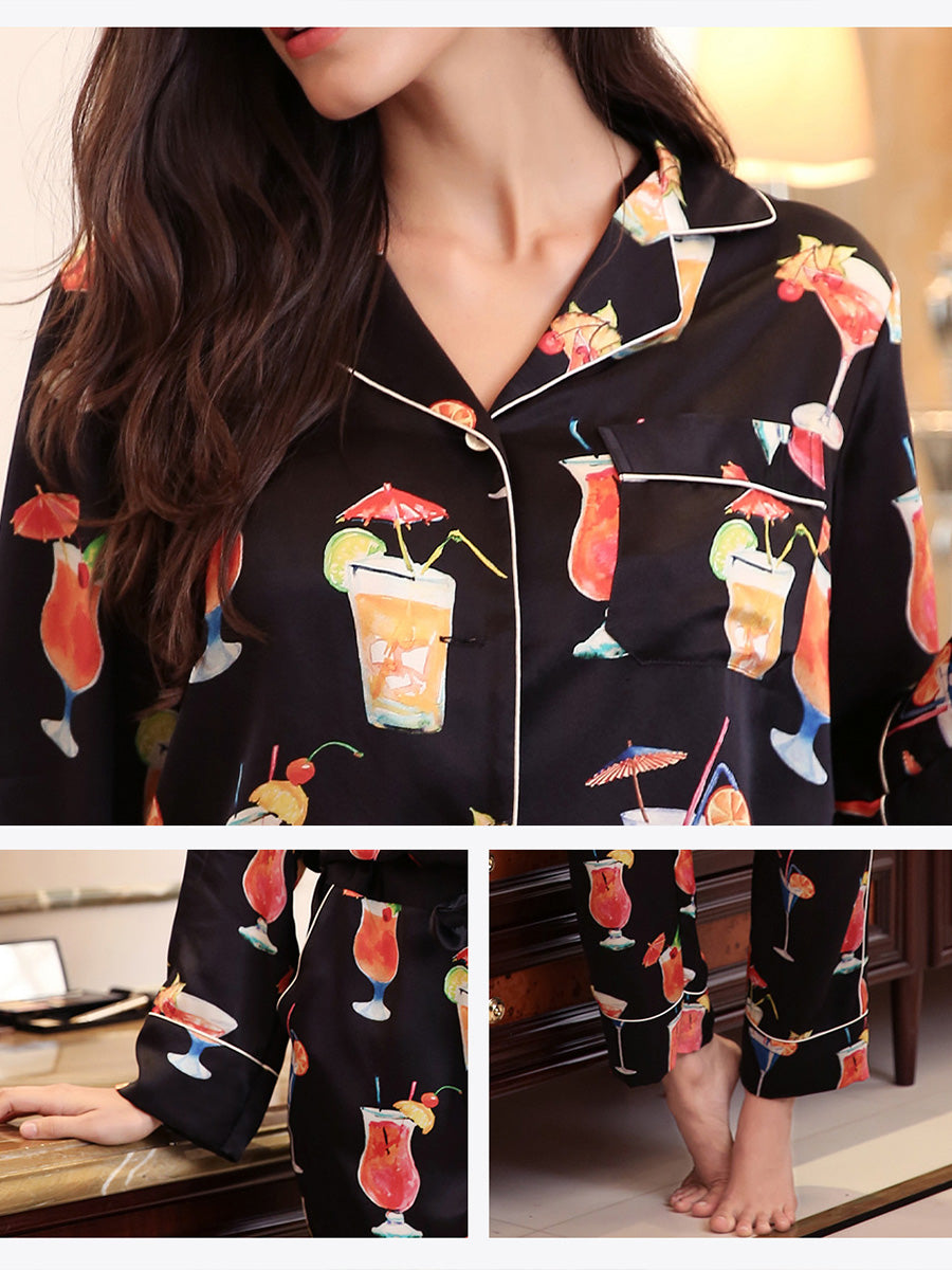Women Floral Print 100% Mulberry Silk Long Sleeve Pajama Set