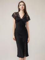 Lace Trim Slit Silk Blended Satin Midi Nightdress