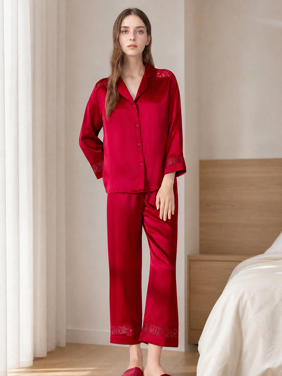 100% Mulberry Silk Hollow Lace Panel 3/4 Sleeve Pajama Set