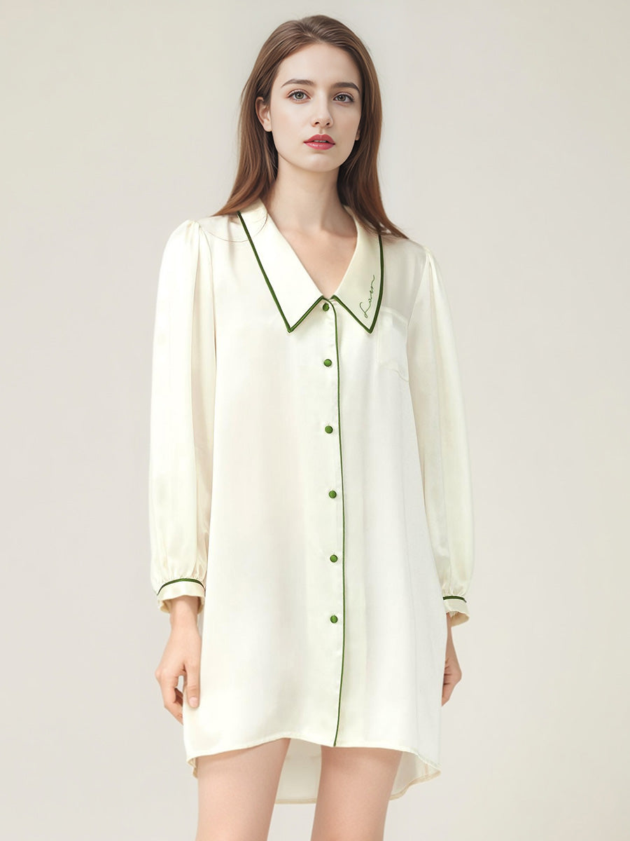 Notched Collar Button Front 100% Pure Silk Nightshirt