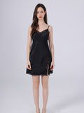 Lace Trim Mulberry Silk Slip Dress with Side Slit