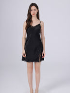 Lace Trim Mulberry Silk Slip Dress with Side Slit