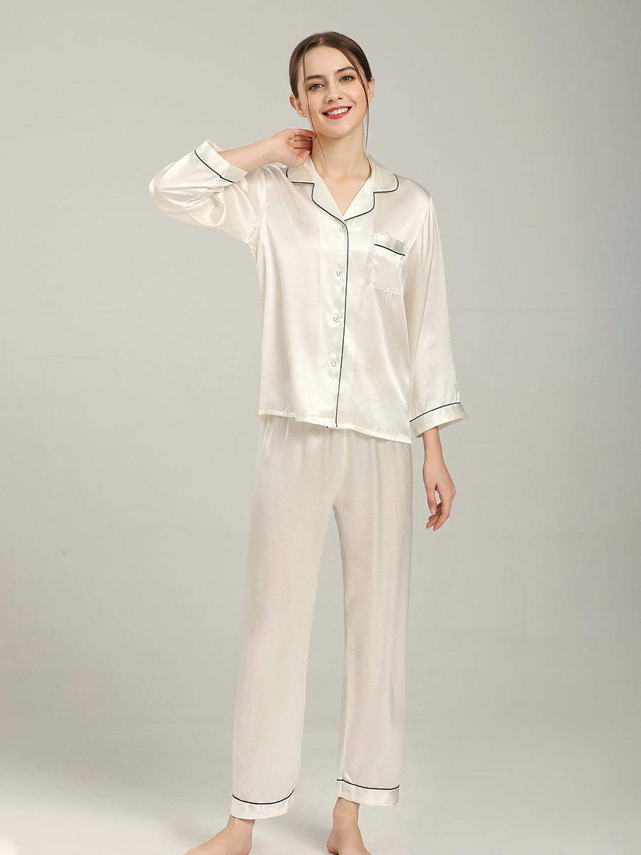 19 Momme Silk Long Sleeve Pajama Set with Contrast Piping