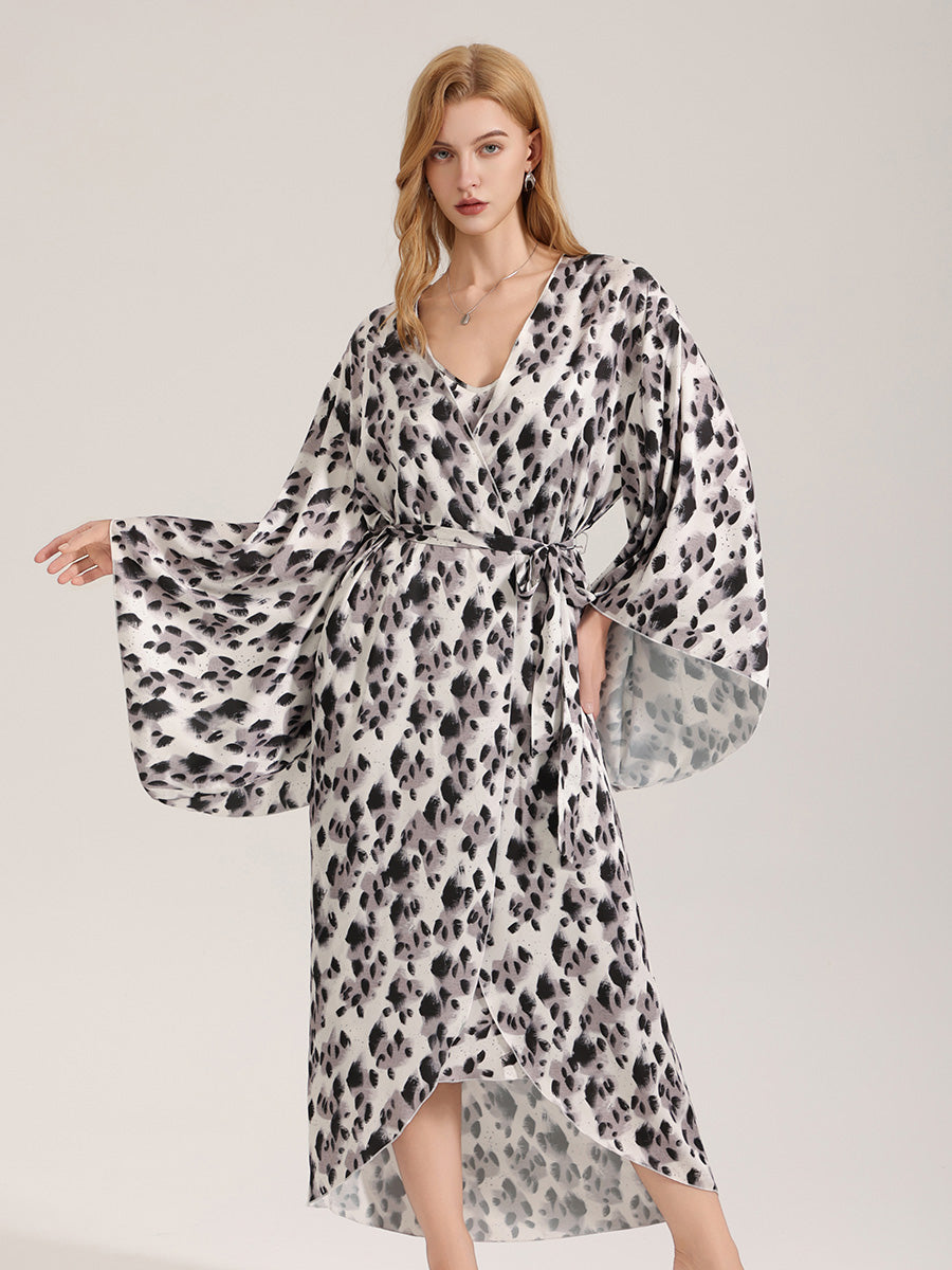 Leopard Print Satin Kimono Robe
