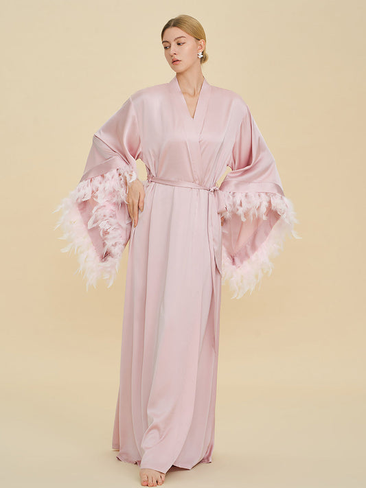 Blush Pink Satin Maxi Robe with Oversized Feather Cuffs