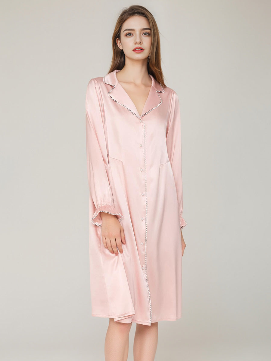 Pearl Button Flounce Cuff 100% Pure Silk Midi Sleep Dress