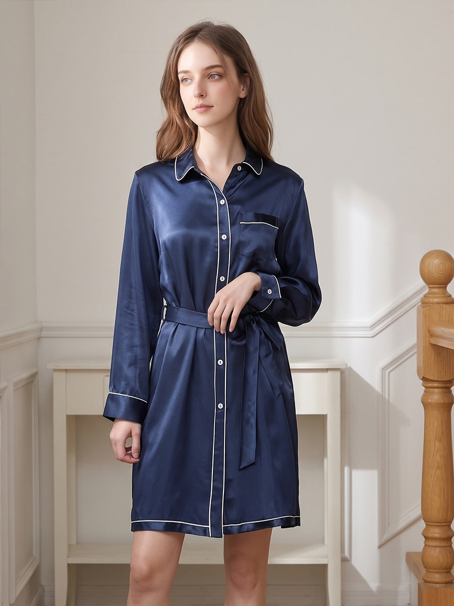 Classic Side Slit Chest Pocket 100% Mulberry Silk Midi Nightgown