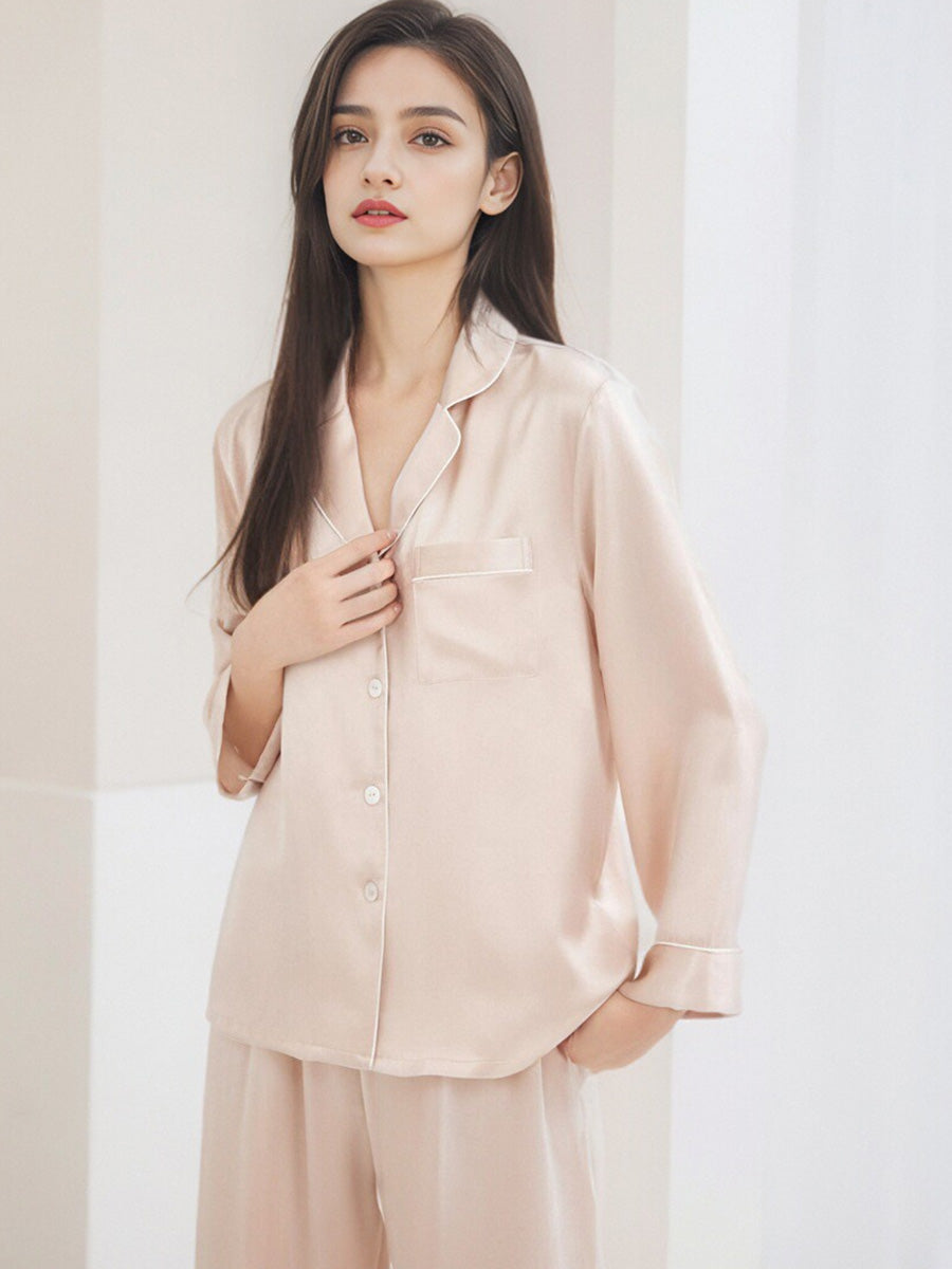 Contrast Piping Notched Collar Long Sleeve Pajama Set