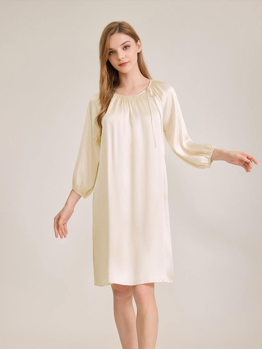 100% Mulberry Silk 3/4 Puff Sleeve Tie Neck Midi Nightgown