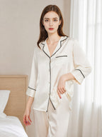 100% Mulberry Silk Contrast Piping 3/4 Sleeve Pajama Set