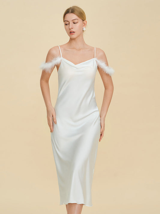 White Satin Midi Slip Dress with Feather Trim