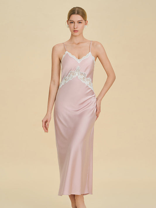 Blush Pink Satin Maxi Slip Dress with Lace Trim