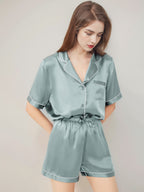 Notched Collar Button Down Top & Shorts Silk Sleepwear Set