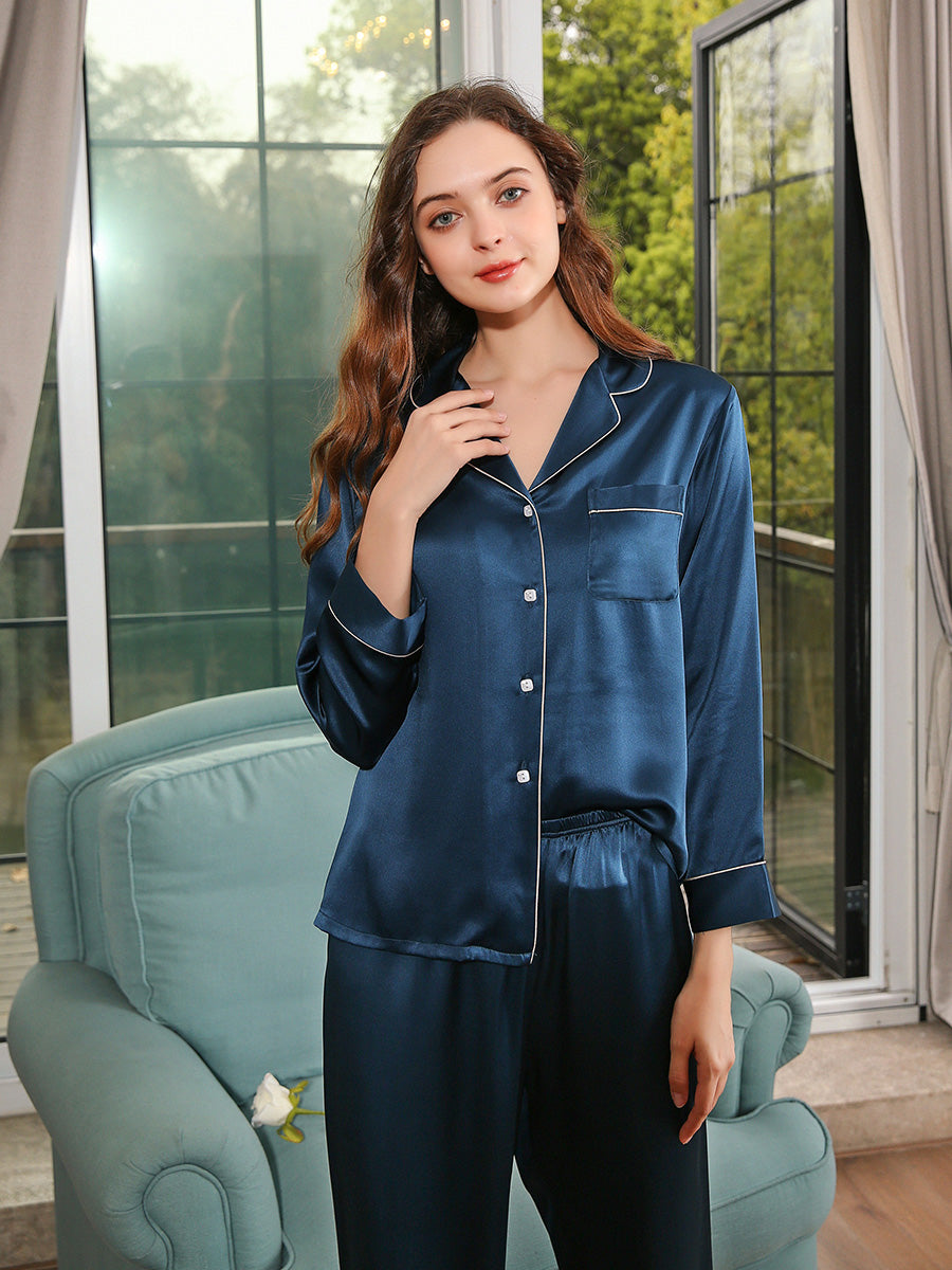19 Momme Silk Long Sleeve Pajama Set with Contrast Piping